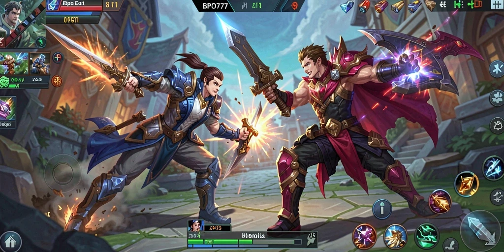 Tangkapan layar utama gameplay BPO777 yang menampilkan pertarungan strategis dalam arena.