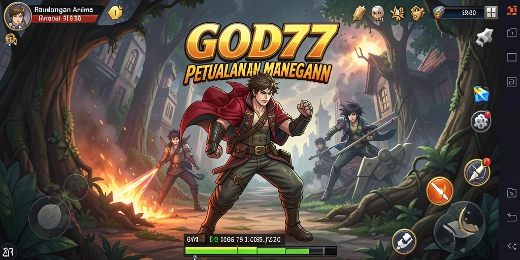 Screenshot GOD77 menunjukkan aksi bertempur karakter Anime yang epik.