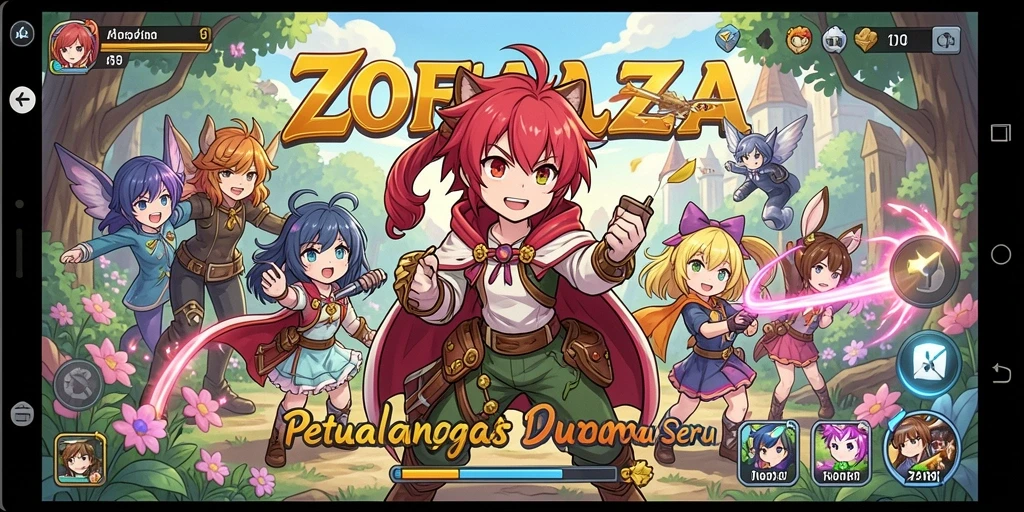Tampilan gameplay ZOFAZA yang penuh warna dan karakter Anime.
